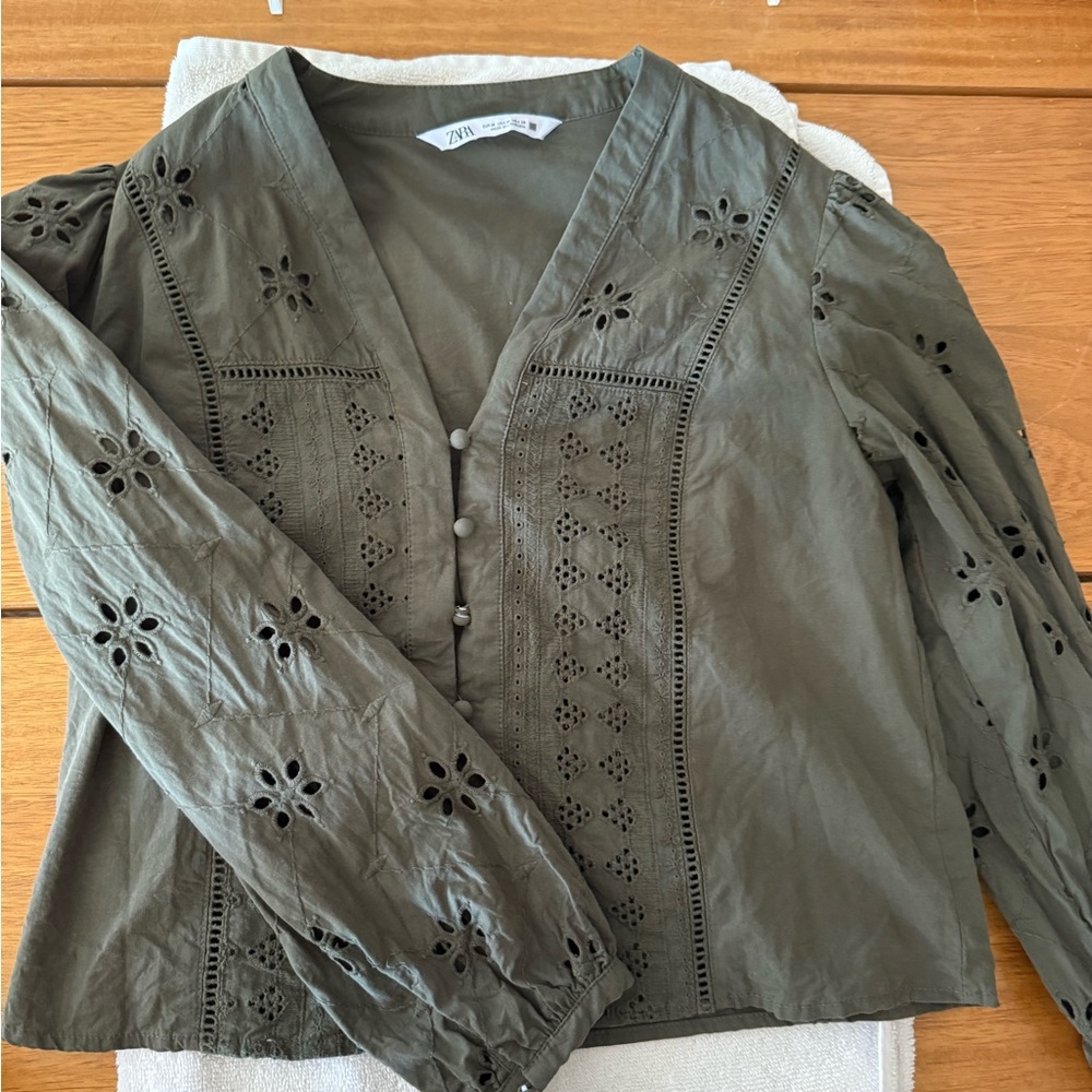 Zara Khaki Eyelet Button-Up Blouse